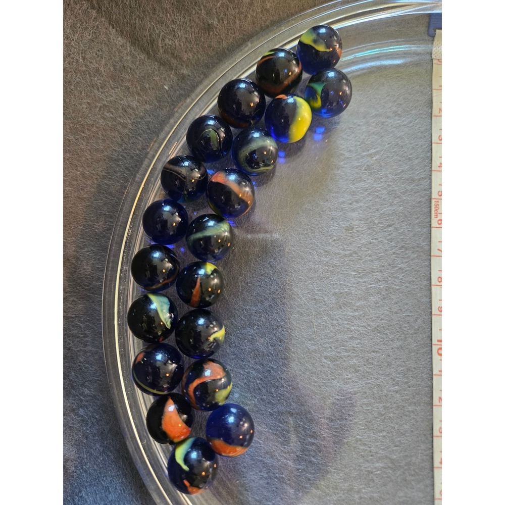 Vintage Vacor Swirl Marbles Blue Glass with Orange Yellow Ribbon 20 Count 5/8in